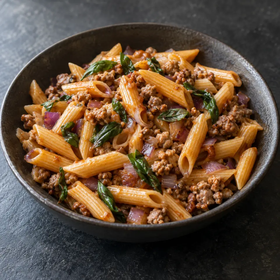 Tomato Basil Penne Pasta in a bowl on a dark stone table, made with small, penne rigate, pork, ground.
