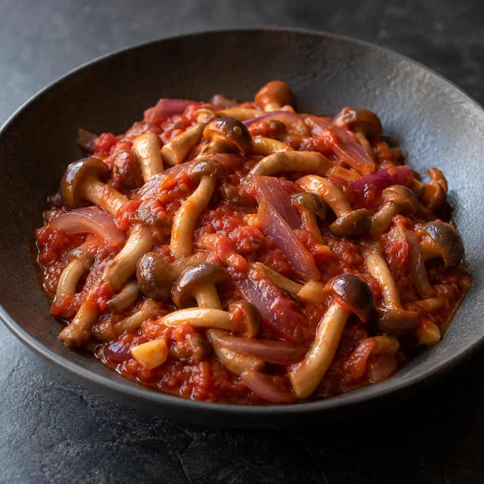 Tomato Mushrooms on a plate on a dark stone table, made with brown beech, red onion, garlic, passata - tomato puree.