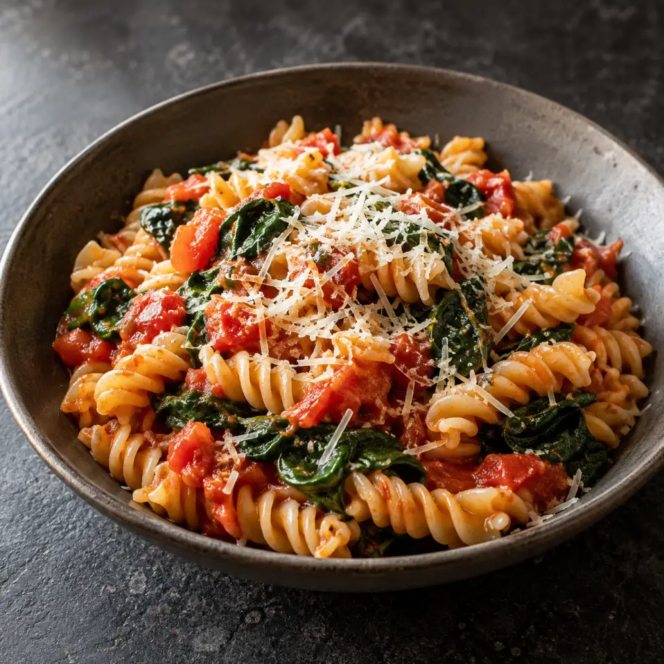 Tomato Spinach Fusilli Pasta in a bowl on a dark stone table, made with fusilli, tomato., spinach, cheese - parmesan.