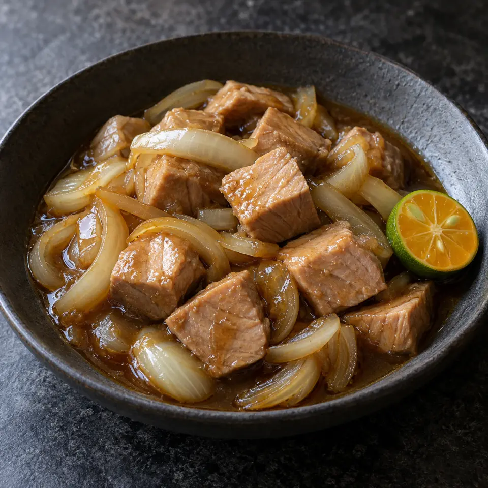 Tuna In Citrus Soy Sauce on a plate on a dark stone table, made with frozen tuna cubes, low sodium soy sauce, cornstarch, white onion.