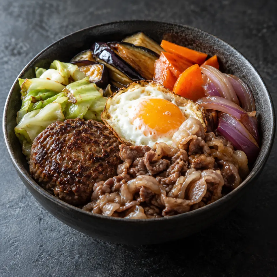 Wagyu Cabbage Bowl in a bowl on a dark stone table, made with cabbage, eggplant, egg, burger.