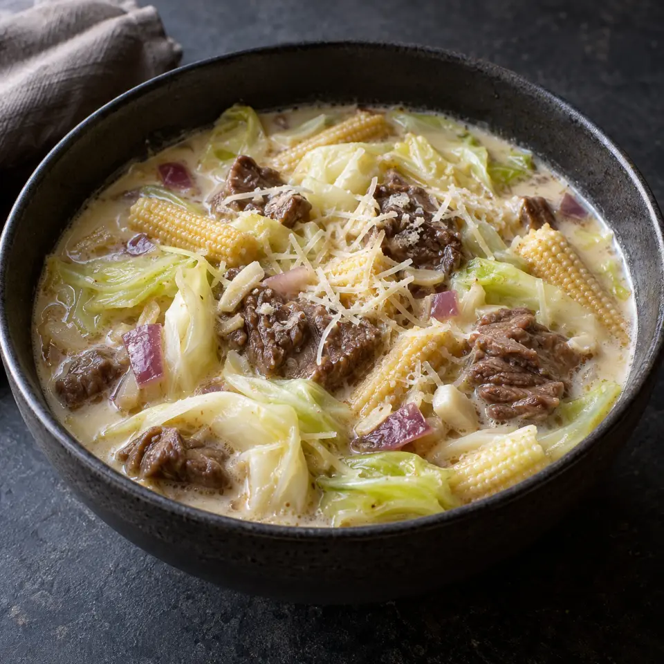 Wagyu Cabbage Sopas in a bowl on a dark stone table, made with full cream milk, cabbage, wagyu, young corn.