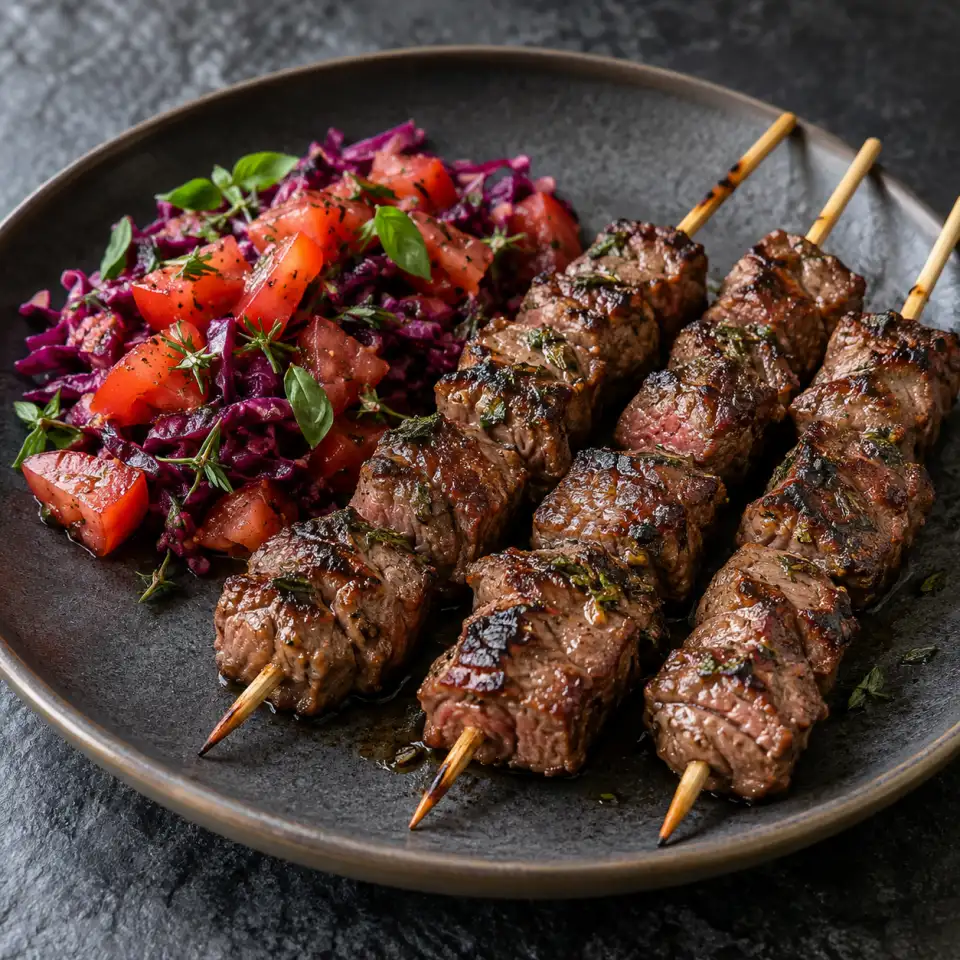 Wagyu Kebab Sticks on a plate on a dark stone table, made with wagyu sirloin steak, tomatoes, chopped, cabbage.
