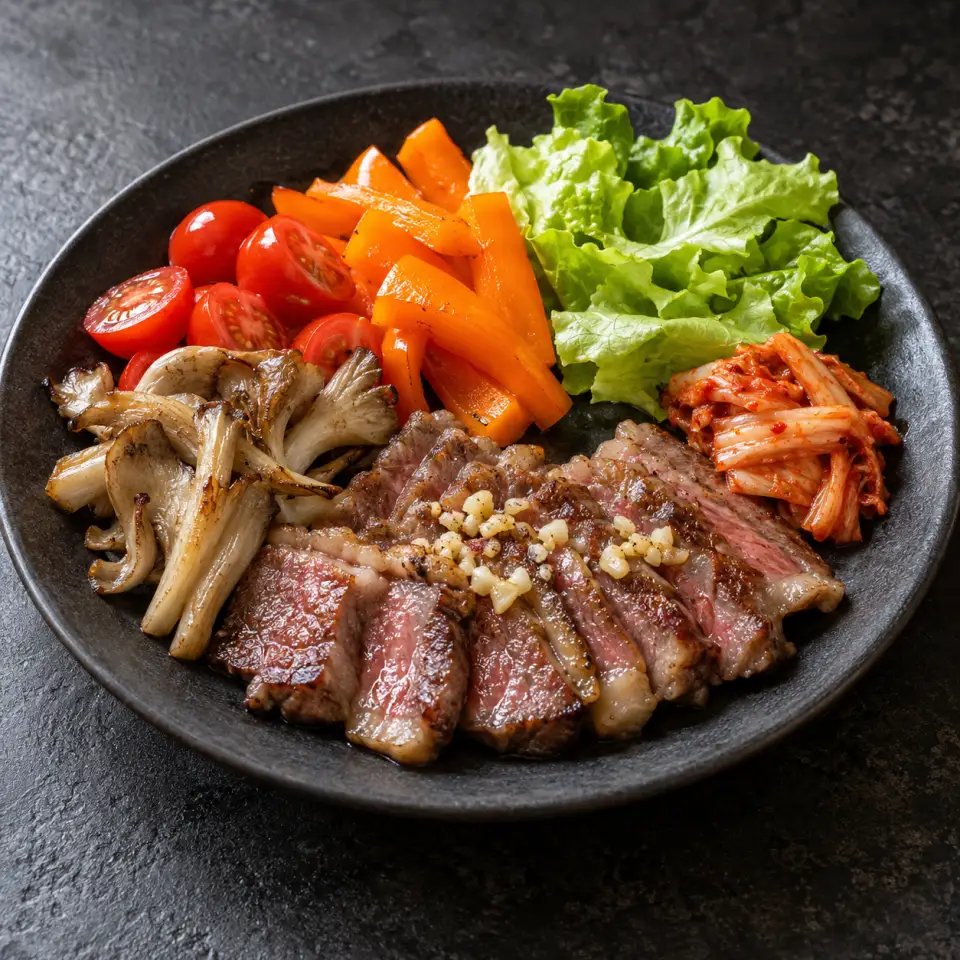 Wagyupsal on a plate on a dark stone table, made with japanese wagyu kobe beef, tomatoes, sweet, capsicum.