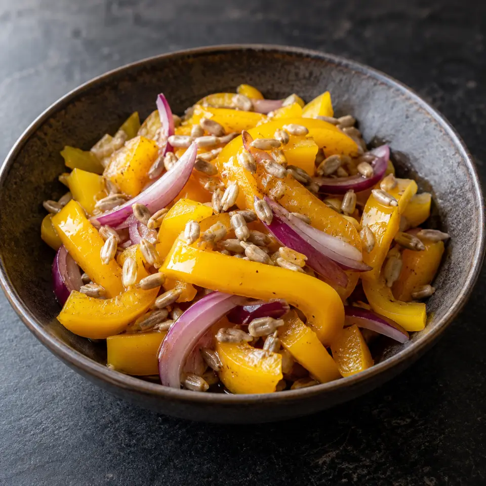 Yellow Pepper With Sunflower Seeds on a plate on a dark stone table, made with red onion, sunflower seeds - unsalted.