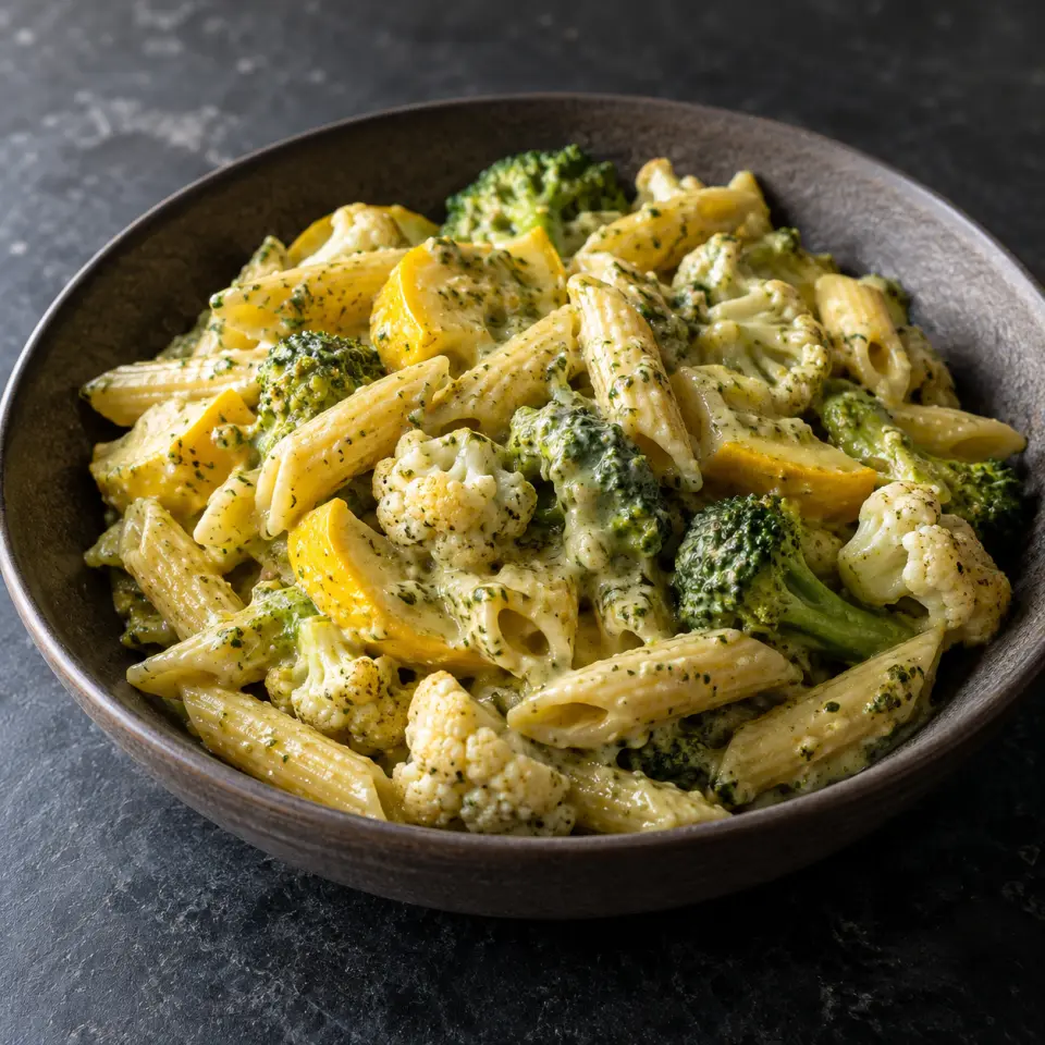 Yellow Zucchini Pesto Pasta in a bowl on a dark stone table, made with penne pasta, yellow zucchini, cauliflower, broccoli.
