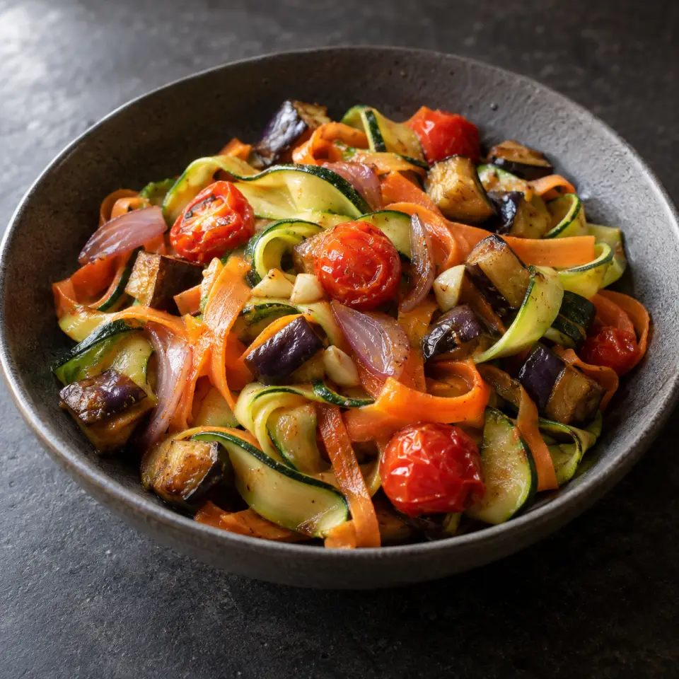 Zucchini Carrot Tomato Pesto Pasta in a bowl on a dark stone table, made with zucchini, tomato-whole, small, garlic.