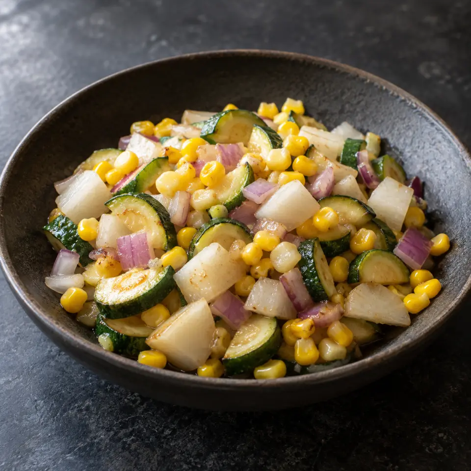 Zucchini Corn Radish Salad in a wide bowl on a dark stone table, made with squash, zucchini, baby, ear of corn.