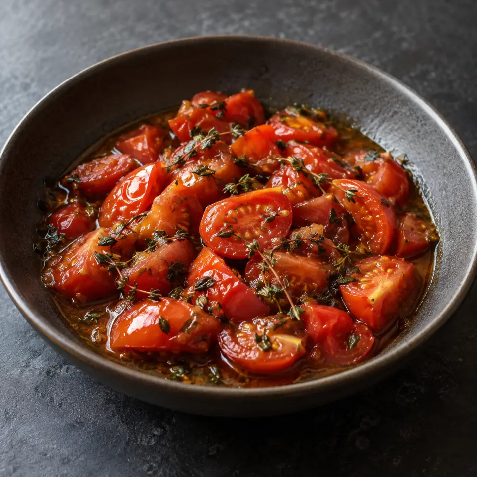 Zucchini Tomato Thyme Skillet on a plate on a dark stone table, made with tomatoes, coconut aminos, thyme.